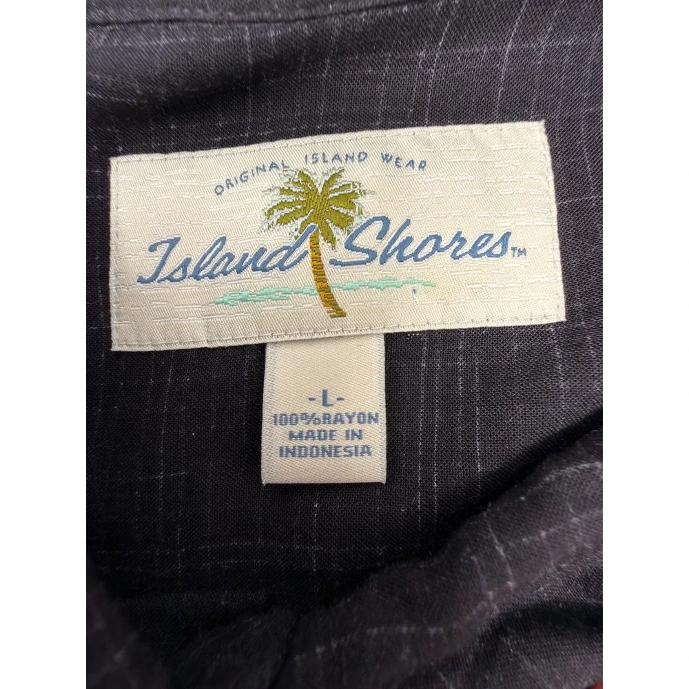 Island Shores Men's Large Rayon Hawaiian Shirt‎ Black Tropical Palm Tree Panel